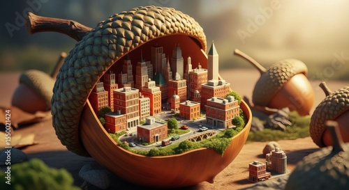 Urban Dreams Hidden in Nature A Miniature City Within an Acorn Shell Unveiled