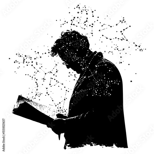 black and white silhouette of a man reading a book art, black, book, man, read, silhouette, star , Generative art.