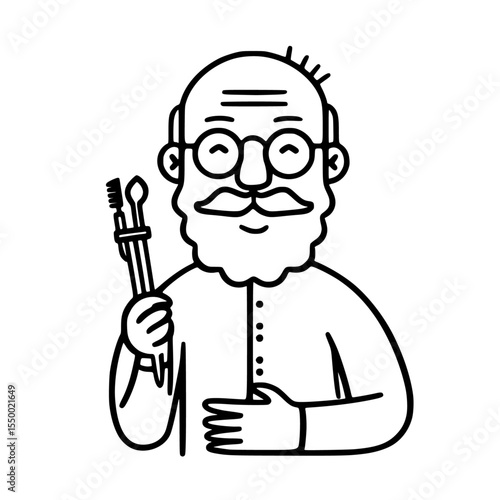 a balding old man wearing glasses holding a toothbrush and brush in his hands bald, beard, black, brush, glass, hand, hold, man, old, toothbrush, wear , Generative art.