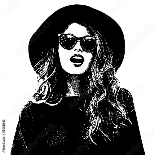a black and white portrait of a girl wearing a hat and dark glasses art, black, dark, girl, glass, hat, portrait, sunglass, wear, woman , Generative art.