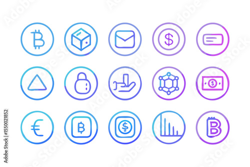 Collection of cryptocurrency and finance icons with a gradient neon glow on a black background