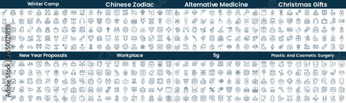 Linear Style Icons Pack. In this bundle include winter camp, chinese zodiac, alternative medicine, christmas gifts, new year proposals, workplace, 5g, plastic and cosmetic surgery