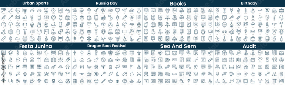 Linear Style Icons Pack. In this bundle include urban sports, russia day, books, birthday, festa junina, dragon boat festival, seo and sem, audit Linear Style Icons Pack. In this bundle include urban sports, russia day, books, birthday, festa junina, dragon boat festival, seo and sem, audit