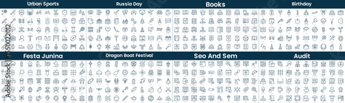 Linear Style Icons Pack. In this bundle include urban sports, russia day, books, birthday, festa junina, dragon boat festival, seo and sem, audit