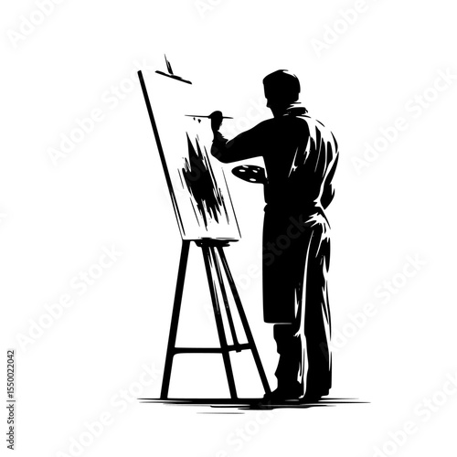 a black and white silhouette of an artist painting a picture with a brush on an easel artist, black, brush, canvas, draw, easel, man, paint, painter, picture, silhouette, stand , Generative art.
