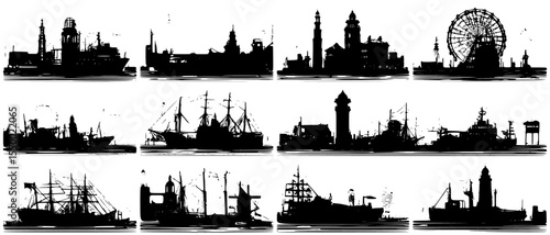 black silhouettes of ships and boats in the water black, boat, building, city, ship, silhouette, skyline, water , Generative art.