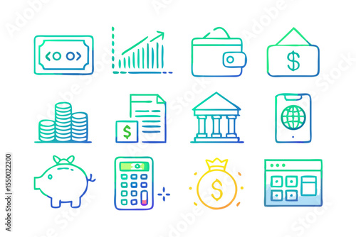 Collection of hand drawn financial icons featuring money growth wallet bank piggy bank calculator and more