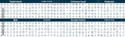 Linear Style Icons Pack. In this bundle include teamwork, cyber crime, chinese food, podcast, bar, hospital, smart farm, labour day