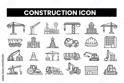 Set of  outline icons related to construction. Linear icon collection. Editable stroke. Vector illustration