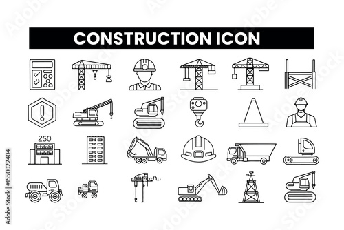 Set of  outline icons related to construction. Linear icon collection. Editable stroke. Vector illustration