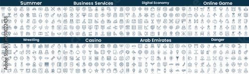 Linear Style Icons Pack. In this bundle include summer, business services, digital economy, online game, wrestling, casino, arab emirates, danger