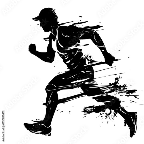 black and white abstract illustration of an athlete running a race, in silhouette abstract, art, athlete, black, illustration, man, race, run, run with, runner, silhouette , Generative art.
