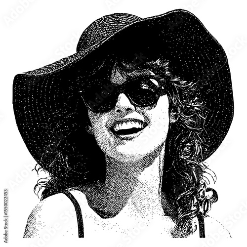 a black and white portrait of a woman wearing a large hat and sunglasses art, big, black, drawing, hat, lady, large, portrait, sunglass, wear, woman , Generative art.