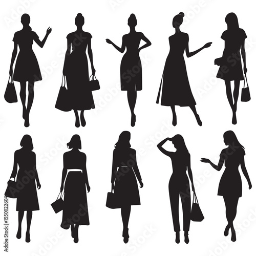 Collection of elegant female silhouettes in various fashionable poses holding handbags
