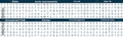 Linear Style Icons Pack. In this bundle include stars, arctic and antarctic, city life, night life, amusement park, kitchen, time management, christmas party
