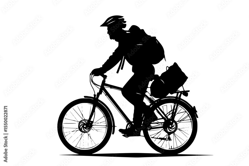 Obraz premium a black silhouette of a man riding a bike with a backpack and bag backpack, bag, bicycle, bike, black, helmet, man, person, ride, silhouette , Generative art.