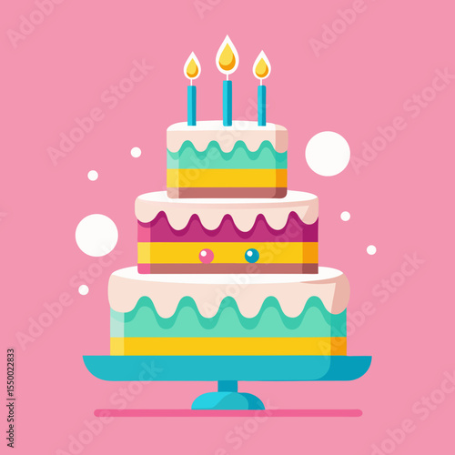 Three Tiered Birthday Cake with Candles on Pink Background