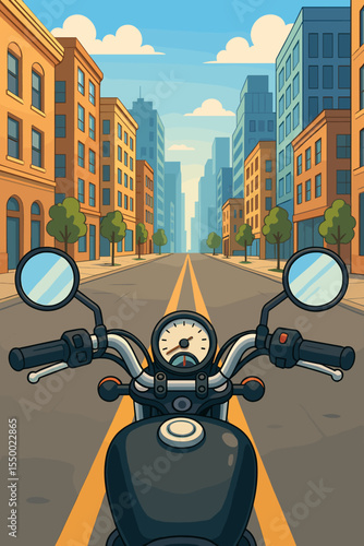 Motorcycle ride from a first-person perspective on an empty city street. Biker's point of view on an urban adventure. Vector illustration of a journey and freedom on the road.