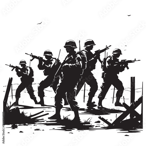 Silhouette of soldiers advancing with rifles in a stylized battle scene