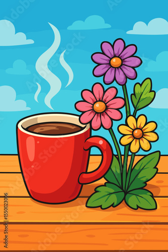 Red mug of steaming hot coffee with a bouquet of colorful spring flowers on a wooden table. Cheerful good morning concept vector illustration. Relaxing coffee break on a sunny day.