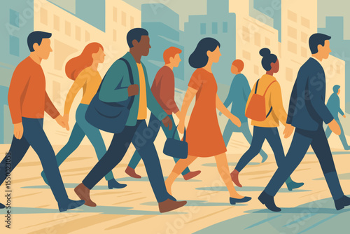 Diverse crowd of people walking on a city street. Vector illustration of an urban lifestyle with pedestrians commuting. Society in motion. Men and women on a crosswalk with a cityscape.