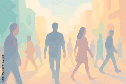 Abstract illustration of blurred people silhouettes walking on a city street. Anonymous crowd concept in pastel colors. Urban society and modern lifestyle vector background.