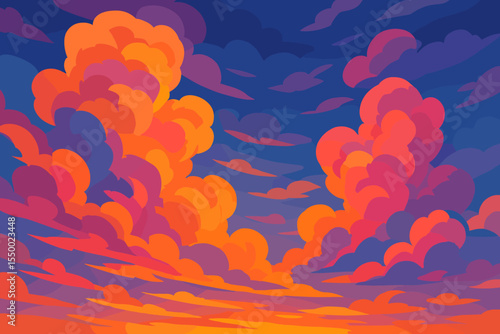 Vibrant colorful sunset clouds in evening sky. Abstract vector cartoon illustration. Dramatic cumulus cloudscape with orange, purple, blue hues. Atmospheric background, stylized nature scene