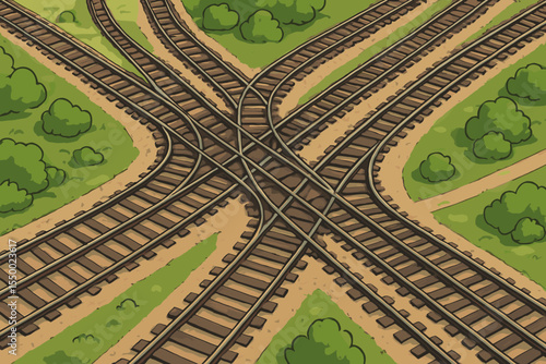 Overhead view railway junction. Multiple train tracks crossing, converging and diverging. Complex railroad switch network. Transportation hub. Vector cartoon illustration. Landscape with greenery