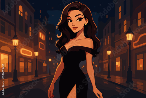 Glamorous woman in elegant black evening dress walking on illuminated city street at night. Fashionable nightlife concept. Urban glamour, sophistication, vector cartoon illustration