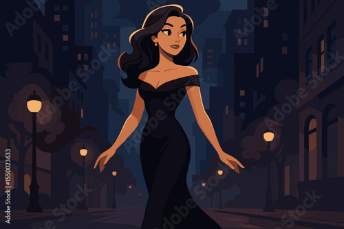 Glamorous woman in elegant black evening dress walking city street at night. Urban nightlife, sophistication, upscale fashion, stylish female silhouette, city lights, luxury lifestyle vector