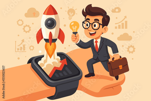 Ambitious Entrepreneur Launching Startup Concept with Rocket on Smartwatch, Businessman Holding Light Bulb, Innovation, Technology Growth, Cartoon Vector Illustration, Financial Success Background