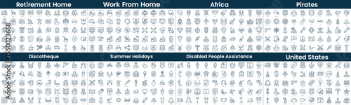 Linear Style Icons Pack. In this bundle include retirement home, work from home, africa, pirates, discotheque, summer holidays, disabled people assistance, united states