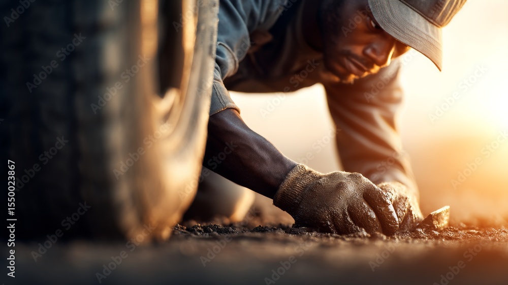 Fototapeta premium Worker fixing tire on roadside urban environment action shot dusk light determination and resilience