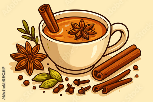 Masala chai tea cup with cinnamon stick, star anise, cardamom pods, cloves, aromatic spices. Warm spiced Indian drink illustration. Cozy beverage, cartoon vector, traditional herbal ingredients