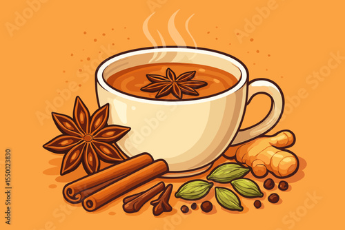 Masala chai tea vector illustration with star anise, cinnamon sticks, cardamom pods, ginger root, cloves, peppercorns. Spicy Indian beverage concept. Hot aromatic herbal drink cartoon design