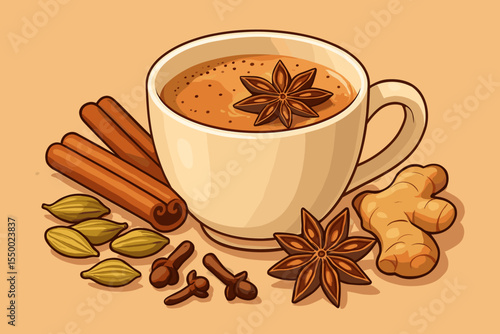 Masala chai tea cup with star anise, cinnamon, cardamom, ginger, cloves. Aromatic Indian spiced beverage. Vector cartoon illustration. Traditional hot drink ingredients. Cozy winter concept