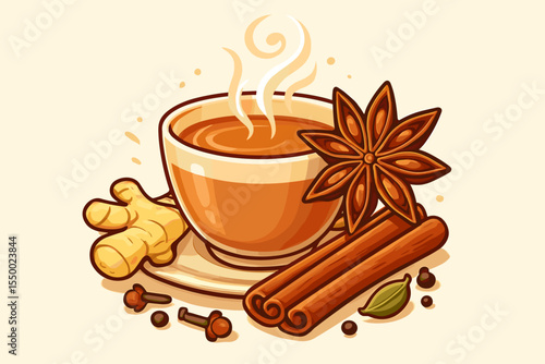 Spiced Masala Chai Tea Cup with Star Anise, Cinnamon, Ginger, Cloves, Cardamom, Aromatic Hot Beverage, Traditional Indian Drink, Vector Illustration, Exotic Spice Ingredients Concept Art