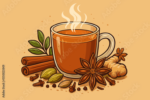 Traditional Masala Chai Tea with Cinnamon, Star Anise, Ginger, Cardamom, Cloves, and Herbal Leaves. Hot Spiced Beverage in Glass Cup. Vector Illustration for Café Menu, Autumn, Winter, Cozy Drinks