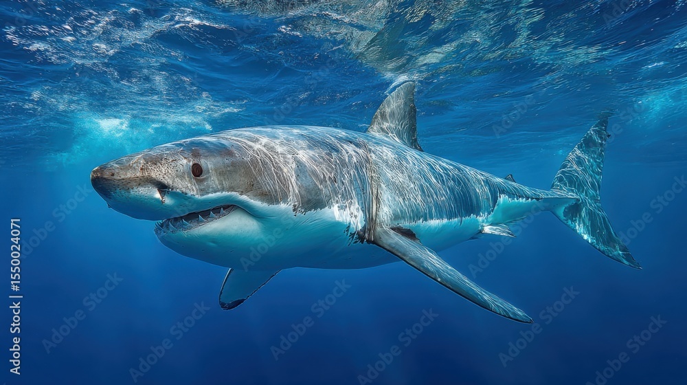 Naklejka premium A great white shark glides effortlessly through the crystal-clear ocean, showcasing its striking fins and powerful physique. The sun reflects off the water, enhancing the serene underwater beauty.