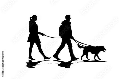 a black silhouette of a man and woman walking a dog black, couple, dog, leash, man, people, silhouette, walk, woman , Generative art.