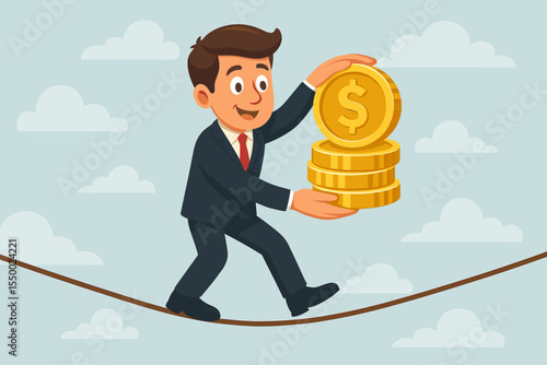 Businessman in Suit Balancing on Tightrope with Gold Coins, Risk Management, Financial Stability, Wealth Protection, Investment Challenge, Economic Uncertainty, Vector Cartoon Illustration