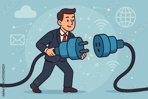 Businessman Connecting Giant Electrical Plugs to Network, Digital Connectivity, Internet Access, Online Communication, Technology Integration, Cartoon Vector Illustration, Data Exchange Concept