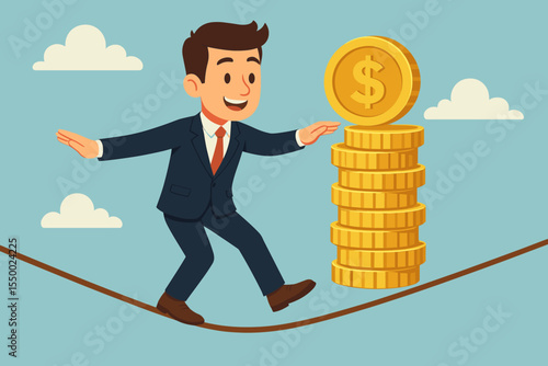Businessman balancing on tightrope toward stacked gold coins. Financial risk management, money stability, investment challenge, economic uncertainty, balance concept. Vector cartoon illustration