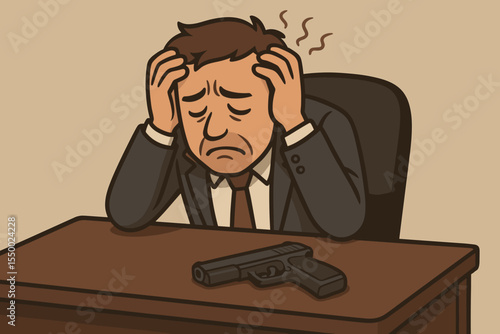 Stressed businessman contemplating life crisis at work. Depressed office worker overwhelmed by failure, burnout, mental health, despair, gun on desk, suicide prevention, anxiety, crisis support
