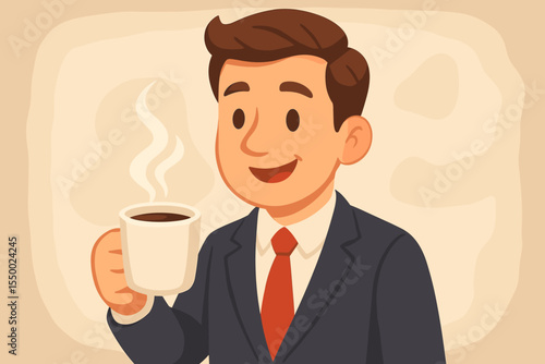 Cartoon businessman in suit holding steaming coffee cup. Morning office routine, corporate break, caffeine energy boost, professional workplace, motivation, vector illustration, no text design