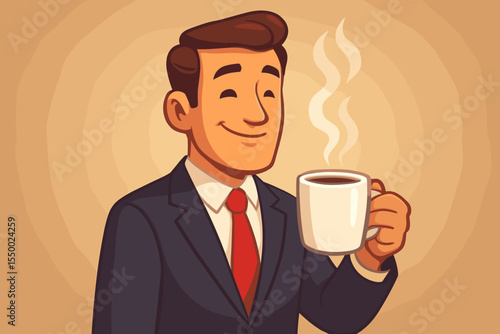 Businessman in Suit Holding Steaming Coffee Cup. Vector Cartoon Illustration. Professional Office Worker Enjoying Hot Beverage. Morning Routine, Office Life, Break Time Concept