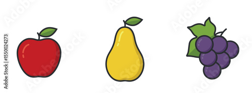 Apple pear and grapes. Gardening, agriculture, and harvest symbols. Natural organic fruits. Isolated vector images