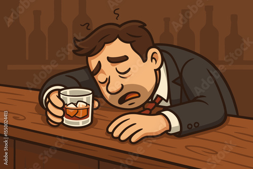Drunk businessman passed out at bar counter with whiskey glass in hand, hangover fatigue after late night, alcohol abuse, stress, depression, addiction problem, cartoon vector illustration