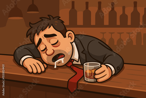 Exhausted businessman passed out drunk at bar counter, whiskey glass in hand, late night alcohol abuse, hangover, stress relief concept, cartoon vector illustration, workplace burnout, depression
