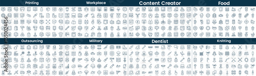 Linear Style Icons Pack. In this bundle include printing, workplace, content creator, food, outsourcing, military, dentist, knitting